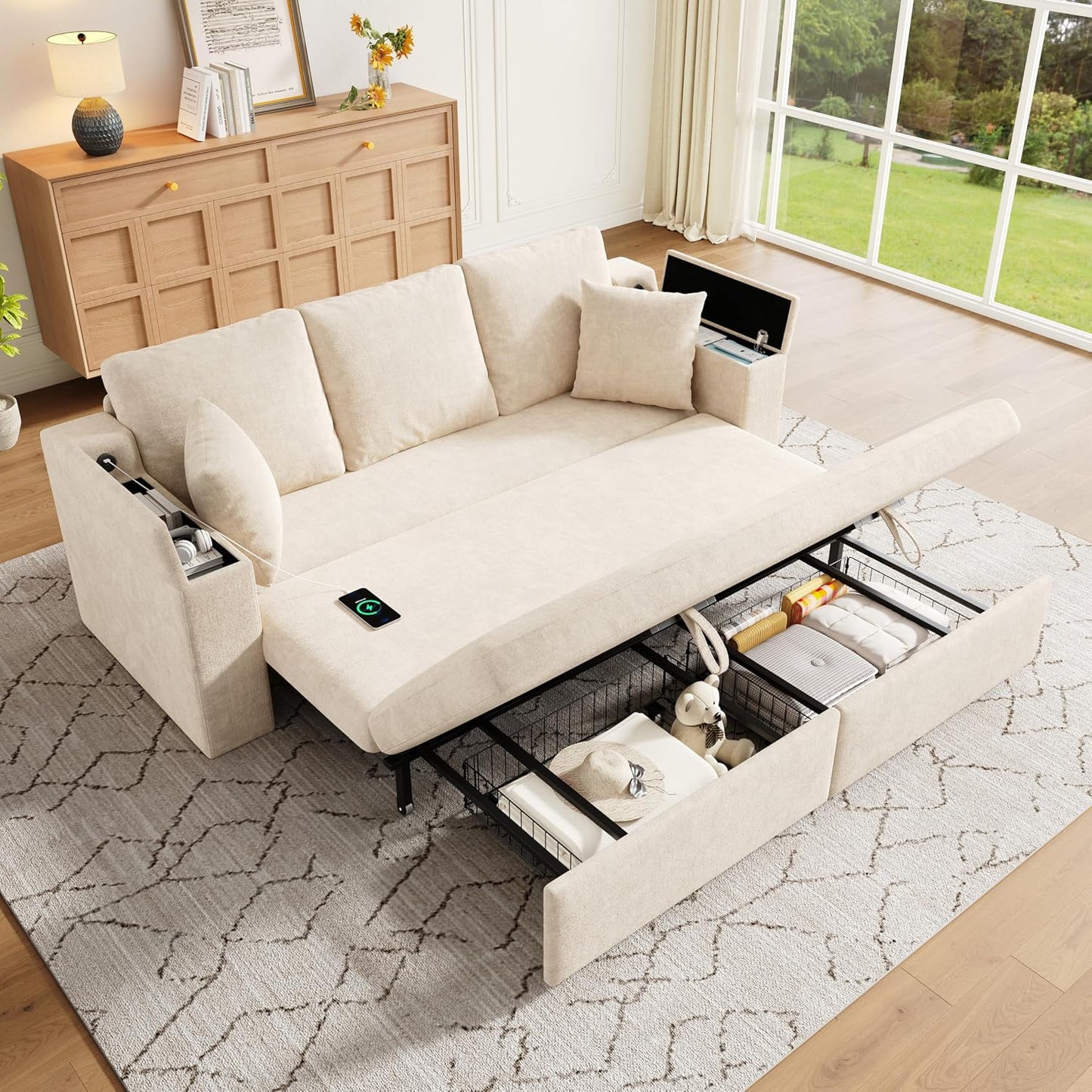 210cm Multifunktionales 3‑Sitzer Sofa mit Schlaffunktion, ausziehbarem Schlafsofa, Couch mit Stauraum, Armlehnen‑Stauraum und USB‑Ladeanschluss, Für Wohnzimmer und Schlafzimmer, Beige
