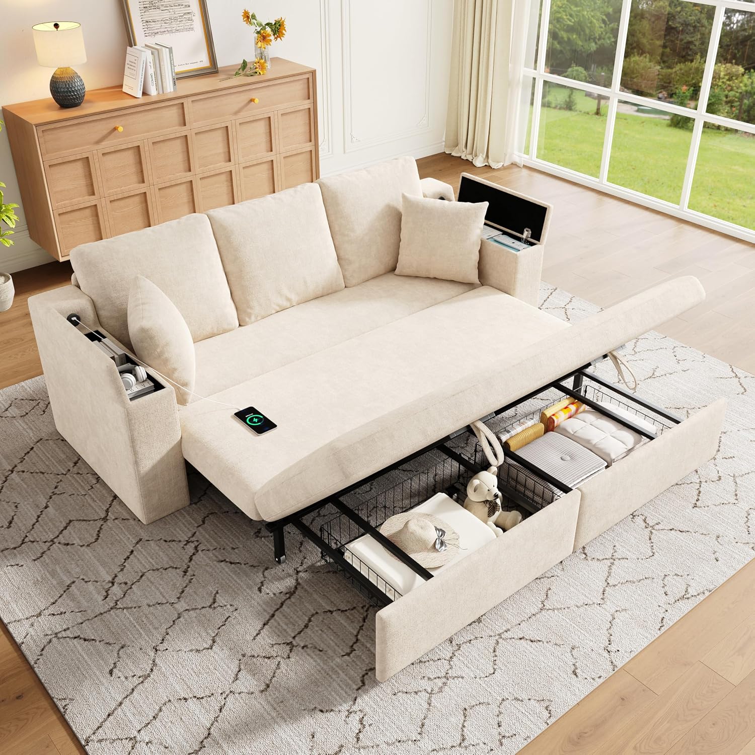 210cm Multifunktionales 3‑Sitzer Sofa mit Schlaffunktion, ausziehbarem Schlafsofa, Couch mit Stauraum, Armlehnen‑Stauraum und USB‑Ladeanschluss, Für Wohnzimmer und Schlafzimmer, Beige
