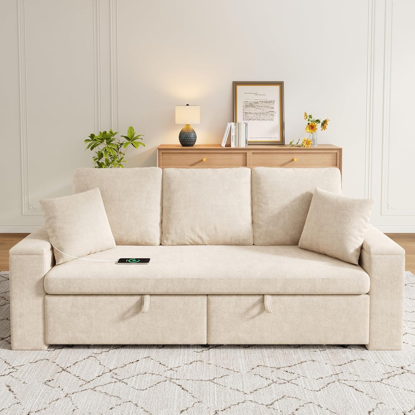 210cm Multifunktionales 3‑Sitzer Sofa mit Schlaffunktion, ausziehbarem Schlafsofa, Couch mit Stauraum, Armlehnen‑Stauraum und USB‑Ladeanschluss, Für Wohnzimmer und Schlafzimmer, Beige