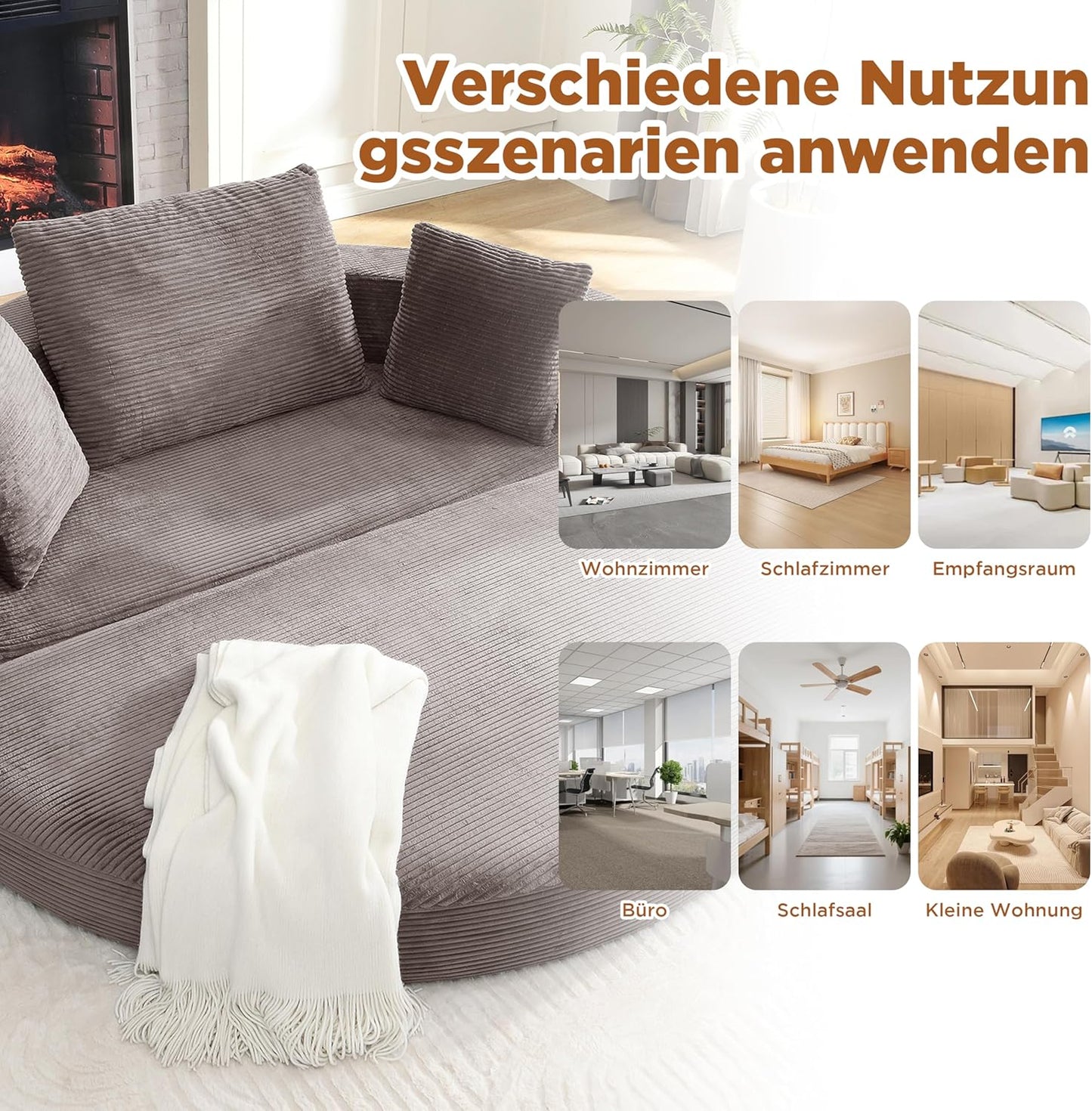 Multifunktionales freistehendes Klappsofabett (Boneless Couch) – Ovales Bett mit Kissen, modulares Sofa, Cordstoff-Bezug (173 x 176 cm), geeignet für Apartments, Wohnzimmer, Schlafzimmer (Braun Grau)