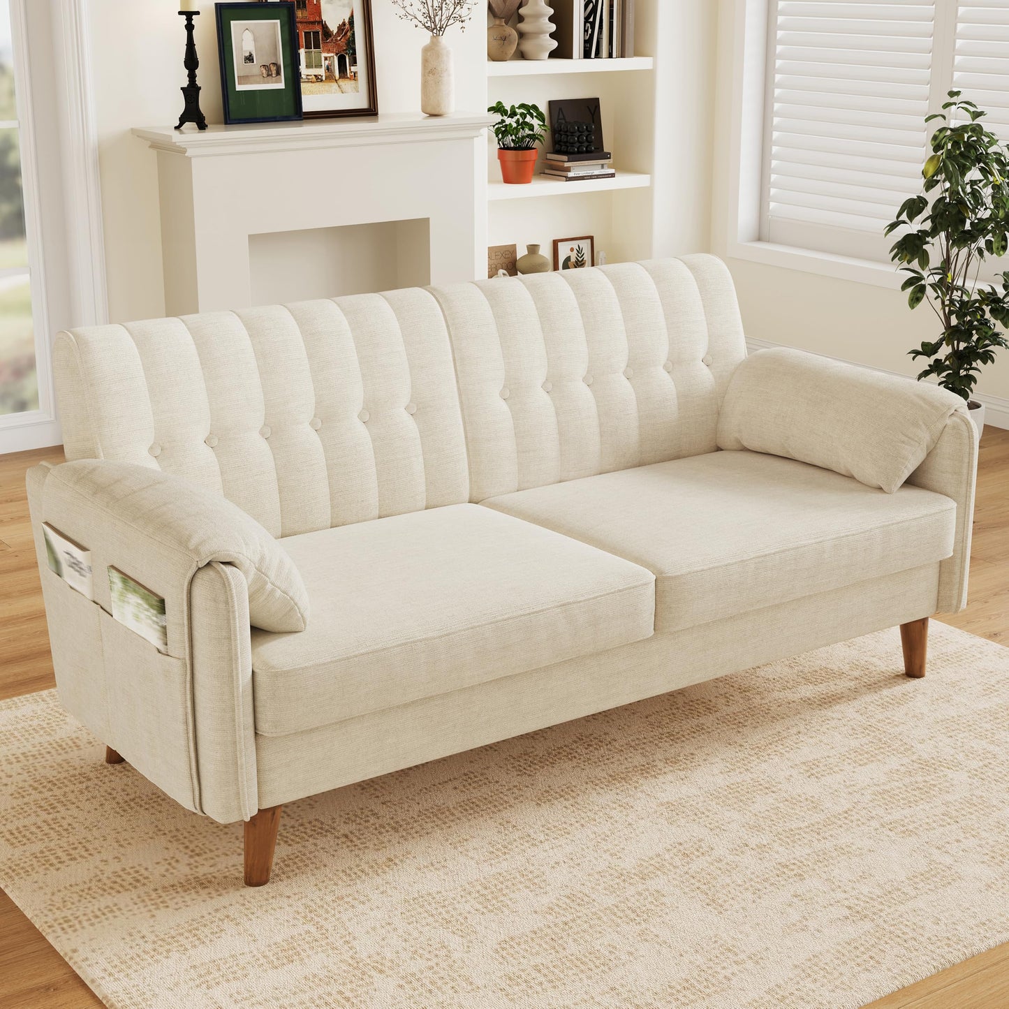 Modernes 2-Sitzer-Sofa aus Chenille mit dickem Sitzpolster, getufteter Rückenlehne, 2 Armlehnenkissen und Seitentaschen; Massivholzbeine, leicht zu montieren, ideal für Wohnung & kleine Räume, Green