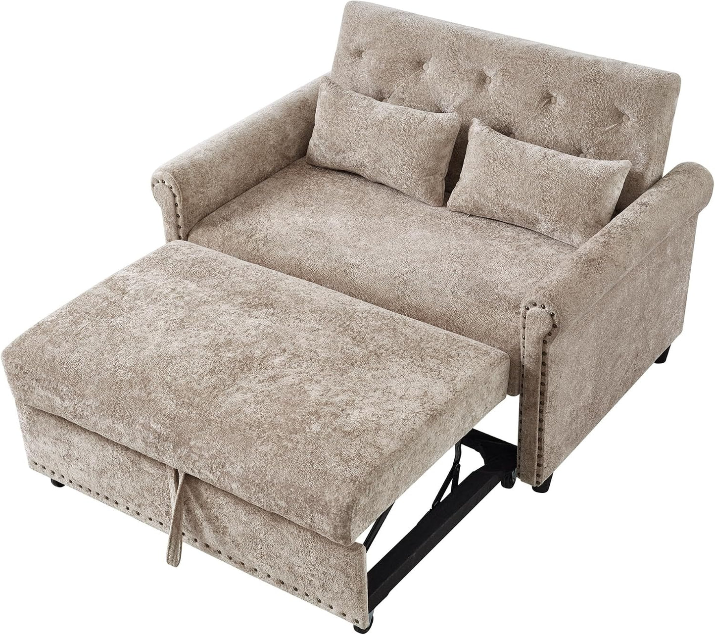 Multifunktional Schlafsofa, Couch mit Schlaffunktion, modulares 2-Sitzer Sofa mit 3-fach verstellbarer Rückenlehne und 2 Komfort-Kissen, aus Chenille-Stoff, Für Wohnzimmer und Schlafzimmer, Braun