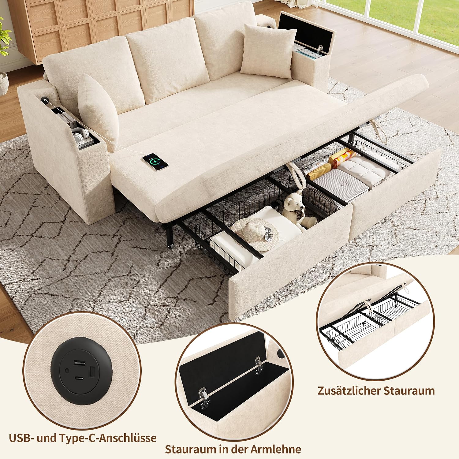 210cm Multifunktionales 3‑Sitzer Sofa mit Schlaffunktion, ausziehbarem Schlafsofa, Couch mit Stauraum, Armlehnen‑Stauraum und USB‑Ladeanschluss, Für Wohnzimmer und Schlafzimmer, Beige