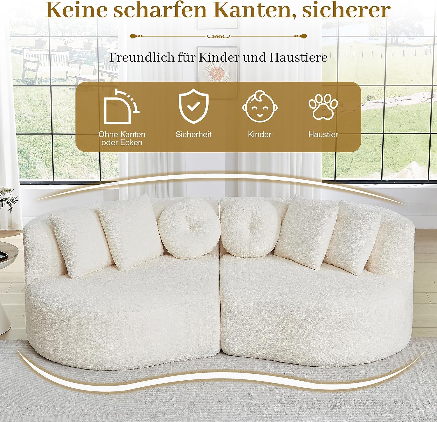 Modulares 3-Sitzer Sofa mit Schlaffunktion, Boneless Couch, aus weichem Chenille, mit 6-teiligem Kissen, gebogenes Design, Keine Montage, Für Wohnzimmer und Schlafzimmer, Beige