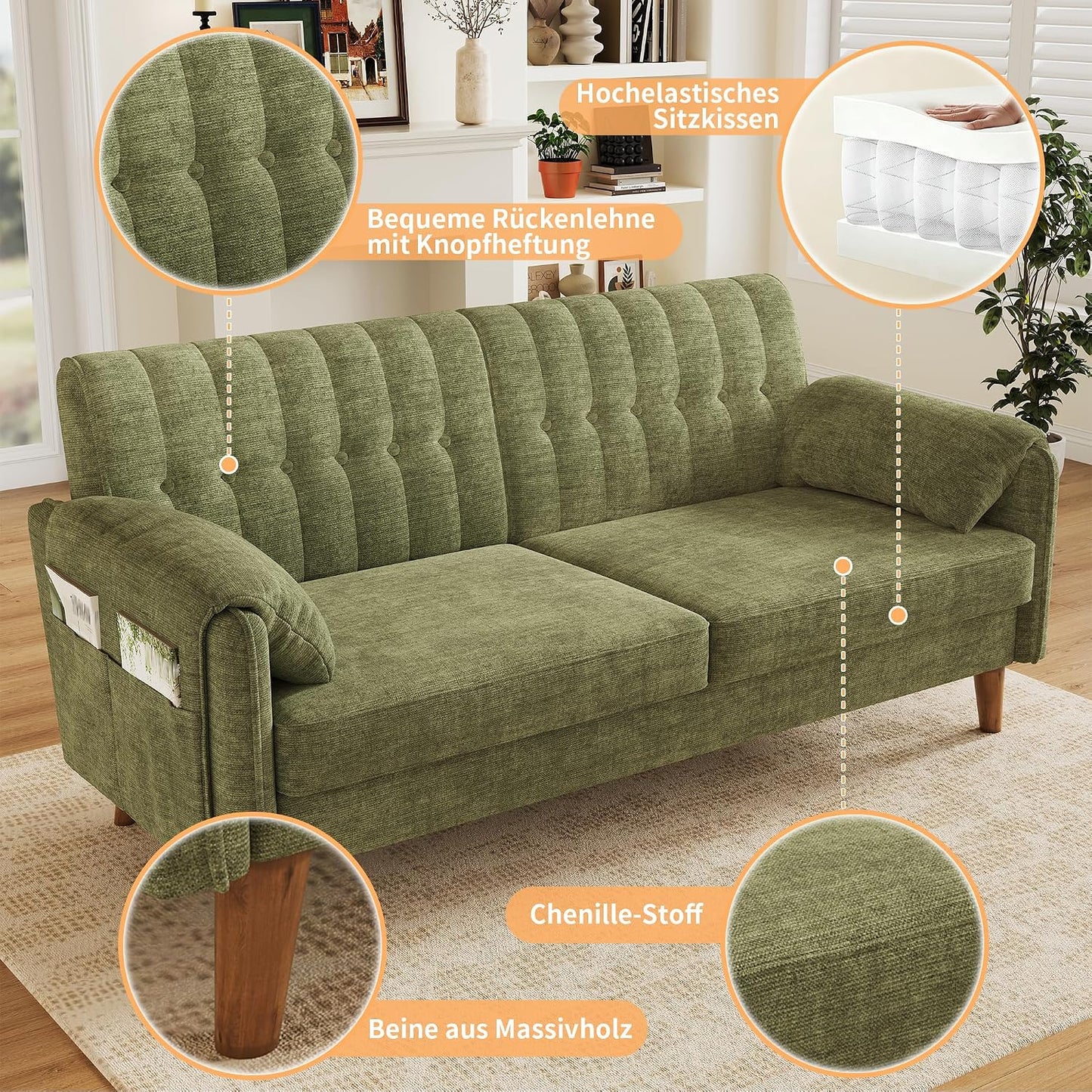 Modernes 2-Sitzer-Sofa aus Chenille mit dickem Sitzpolster, getufteter Rückenlehne, 2 Armlehnenkissen und Seitentaschen; Massivholzbeine, leicht zu montieren, ideal für Wohnung & kleine Räume, Green