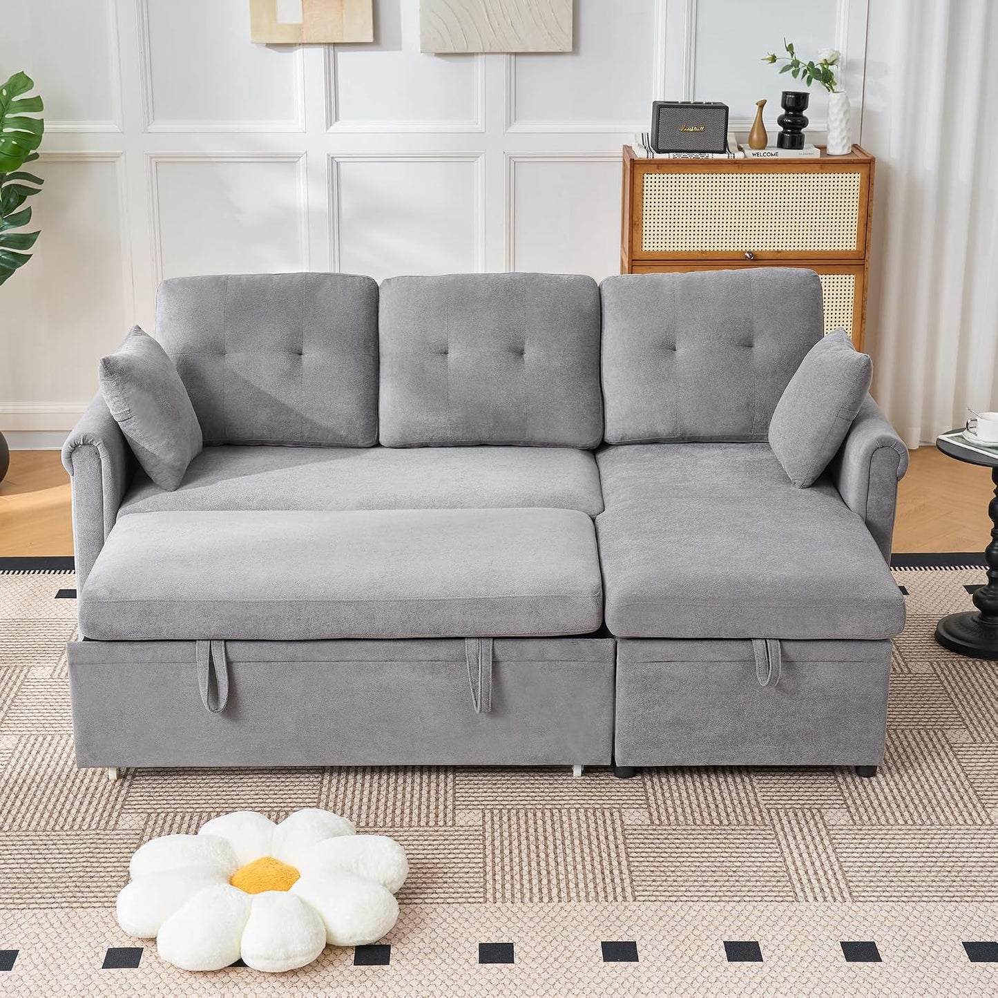 206cm Modulares 3-Sitzer L-förmige Ecksofa, Sofa mit Schlaffunktion, Grau | ausziehbarem Schlafsofa, Couch mit Stauraum und Seitentaschen, aus weichem Chenille, für Wohnzimmer und Schlafzimmer