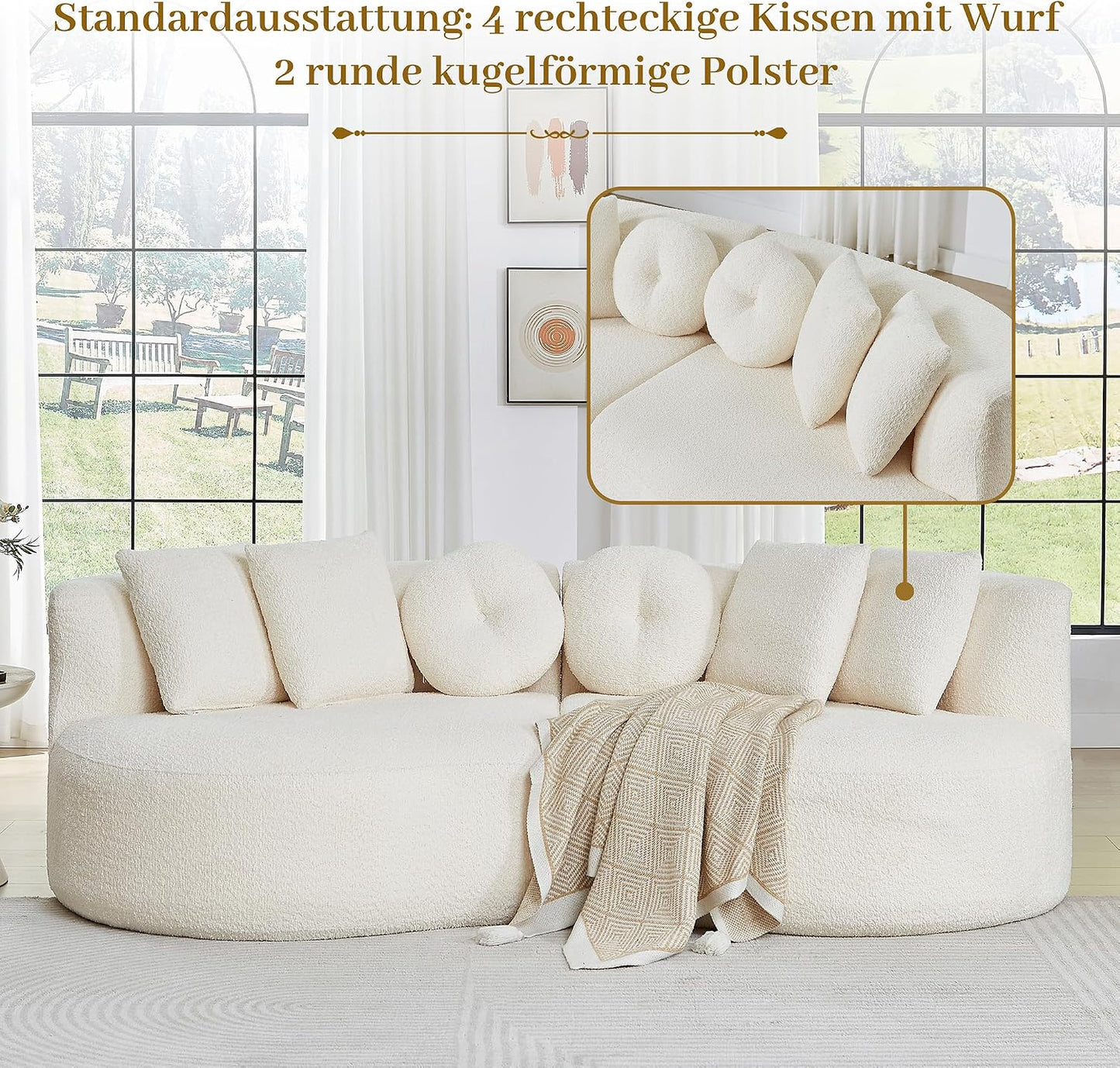 Modulares 3-Sitzer Sofa mit Schlaffunktion, Boneless Couch, aus weichem Chenille, mit 6-teiligem Kissen, gebogenes Design, Keine Montage, Für Wohnzimmer und Schlafzimmer, Beige