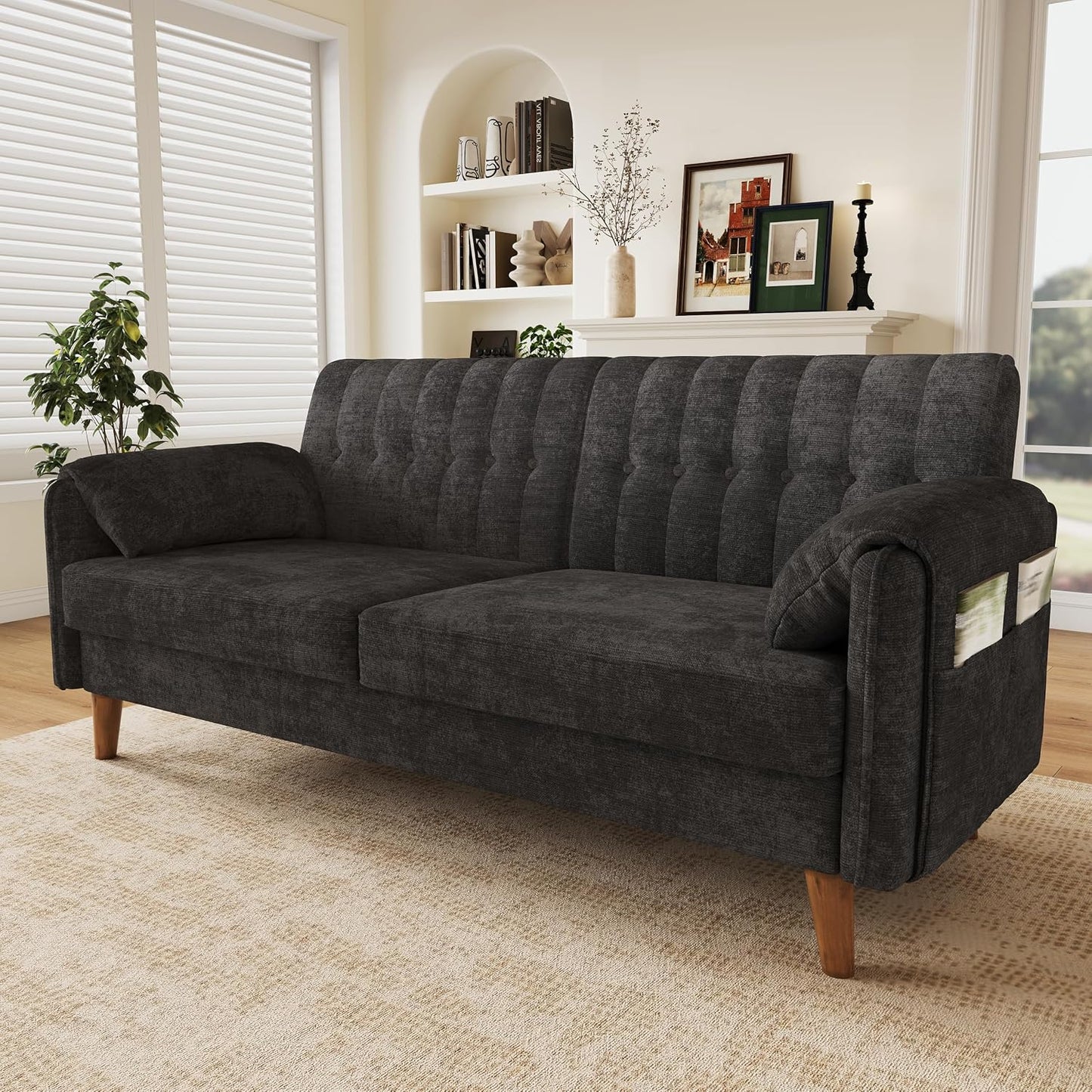 161cm Modernes 2-Sitzer-Sofa aus weichem Chenille, Sofa mit Schlaffunktion | Couch mit 2 Armlehnenkissen und Seitentaschen, Massivholzbeine, leicht zu montieren, ideal für Wohnung & kleine Räume