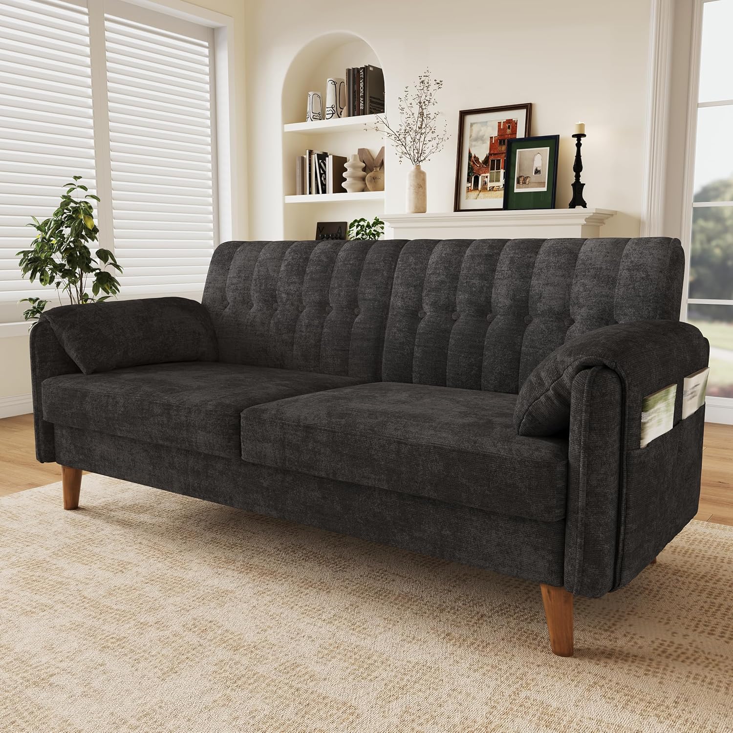 161cm Modernes 2-Sitzer-Sofa aus weichem Chenille, Sofa mit Schlaffunktion | Couch mit 2 Armlehnenkissen und Seitentaschen, Massivholzbeine, leicht zu montieren, ideal für Wohnung & kleine Räume
