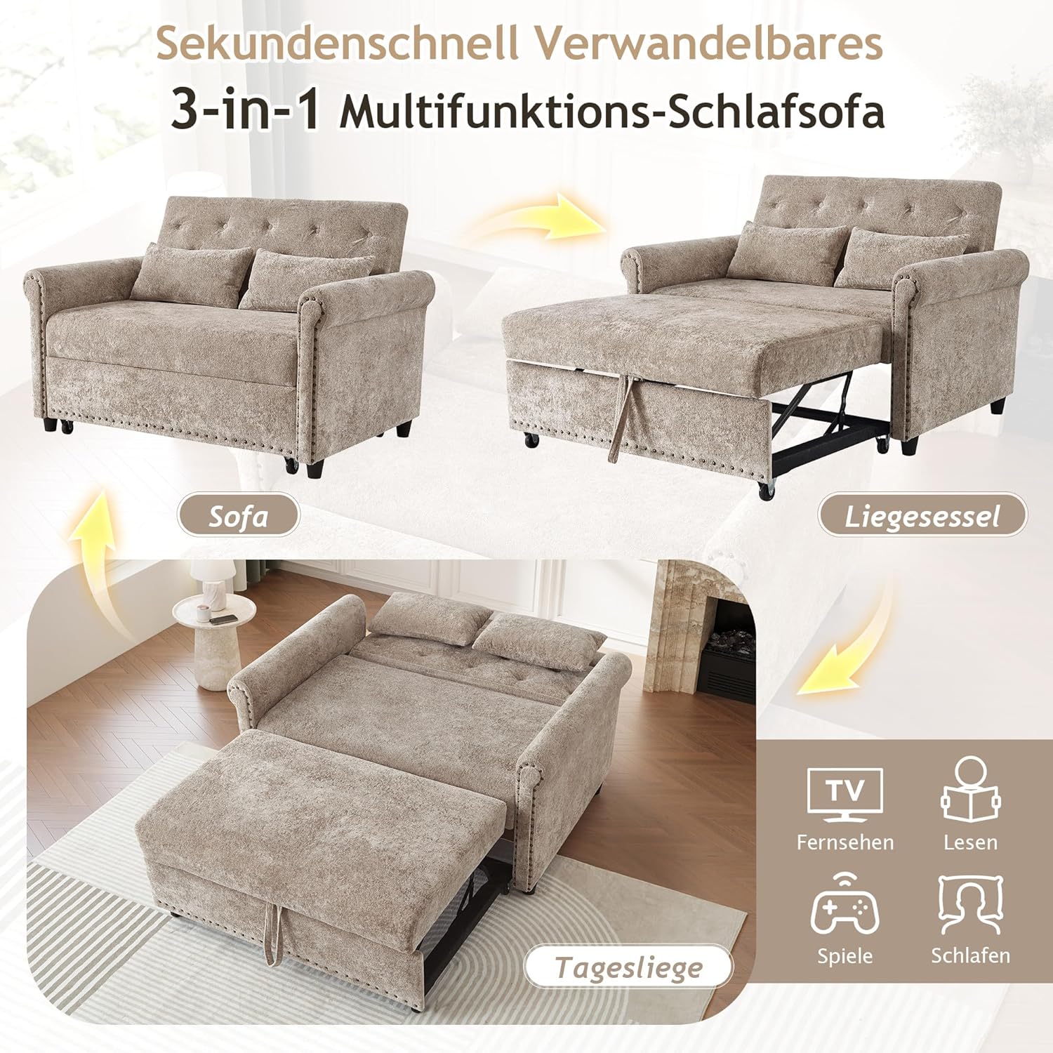 Multifunktional Schlafsofa, Couch mit Schlaffunktion, modulares 2-Sitzer Sofa mit 3-fach verstellbarer Rückenlehne und 2 Komfort-Kissen, aus Chenille-Stoff, Für Wohnzimmer und Schlafzimmer, Braun