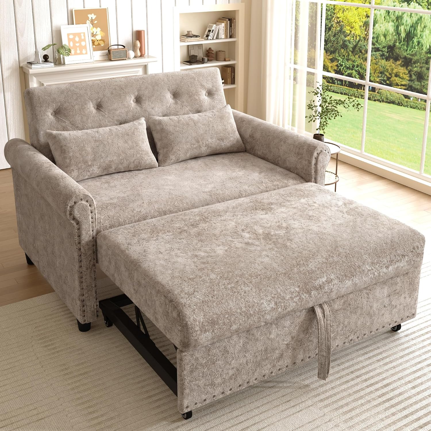 Multifunktional Schlafsofa, Couch mit Schlaffunktion, modulares 2-Sitzer Sofa mit 3-fach verstellbarer Rückenlehne und 2 Komfort-Kissen, aus Chenille-Stoff, Für Wohnzimmer und Schlafzimmer, Braun