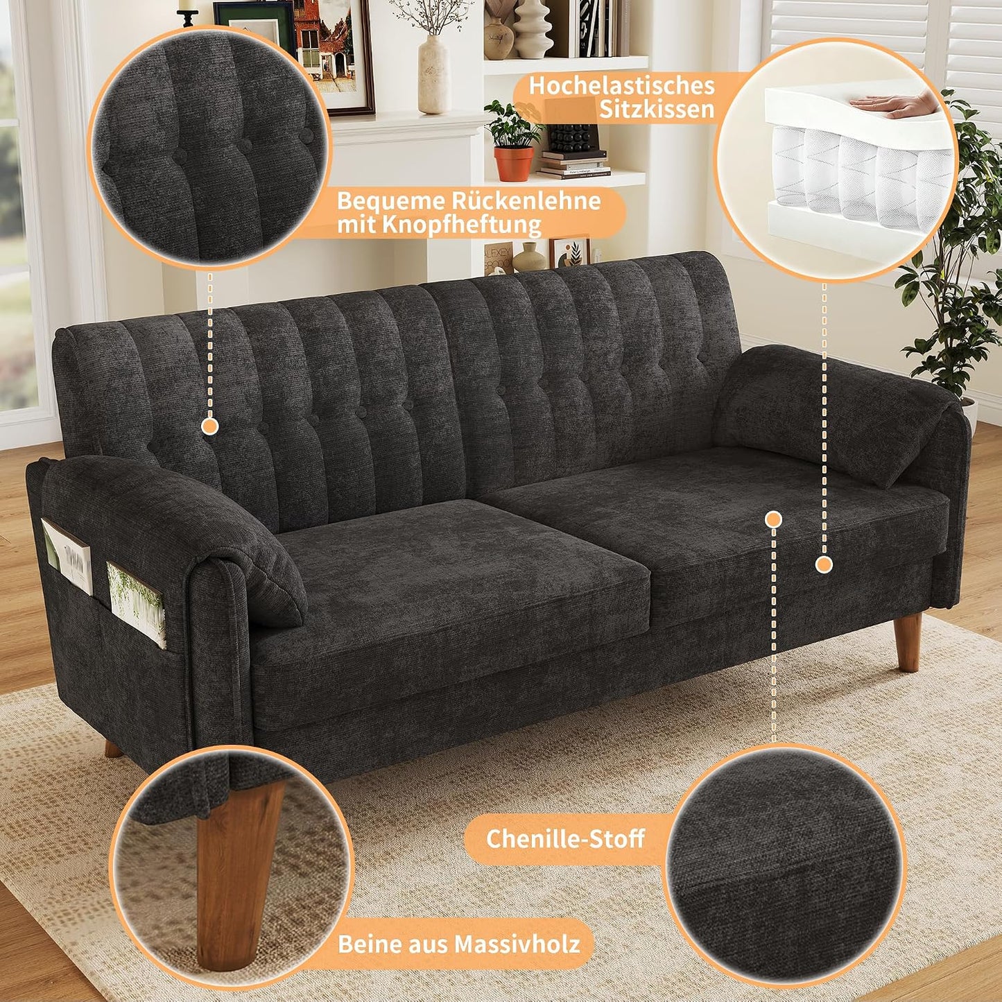 161cm Modernes 2-Sitzer-Sofa aus weichem Chenille, Sofa mit Schlaffunktion | Couch mit 2 Armlehnenkissen und Seitentaschen, Massivholzbeine, leicht zu montieren, ideal für Wohnung & kleine Räume
