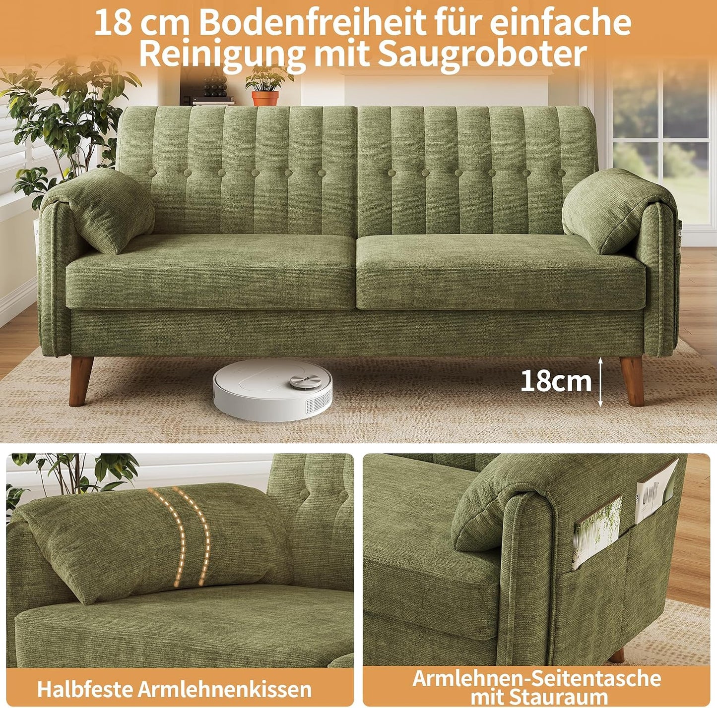 Modernes 2-Sitzer-Sofa aus Chenille mit dickem Sitzpolster, getufteter Rückenlehne, 2 Armlehnenkissen und Seitentaschen; Massivholzbeine, leicht zu montieren, ideal für Wohnung & kleine Räume, Green