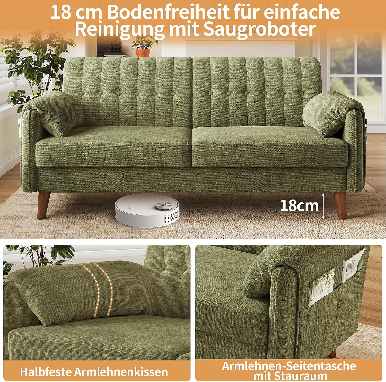 Modernes 2-Sitzer-Sofa aus Chenille mit dickem Sitzpolster, getufteter Rückenlehne, 2 Armlehnenkissen und Seitentaschen; Massivholzbeine, leicht zu montieren, ideal für Wohnung & kleine Räume, Green