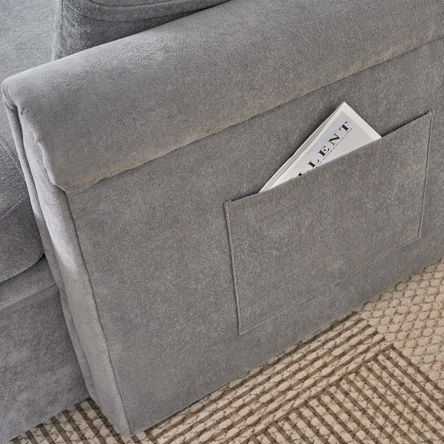 206cm Modulares 3-Sitzer L-förmige Ecksofa, Sofa mit Schlaffunktion, Grau | ausziehbarem Schlafsofa, Couch mit Stauraum und Seitentaschen, aus weichem Chenille, für Wohnzimmer und Schlafzimmer