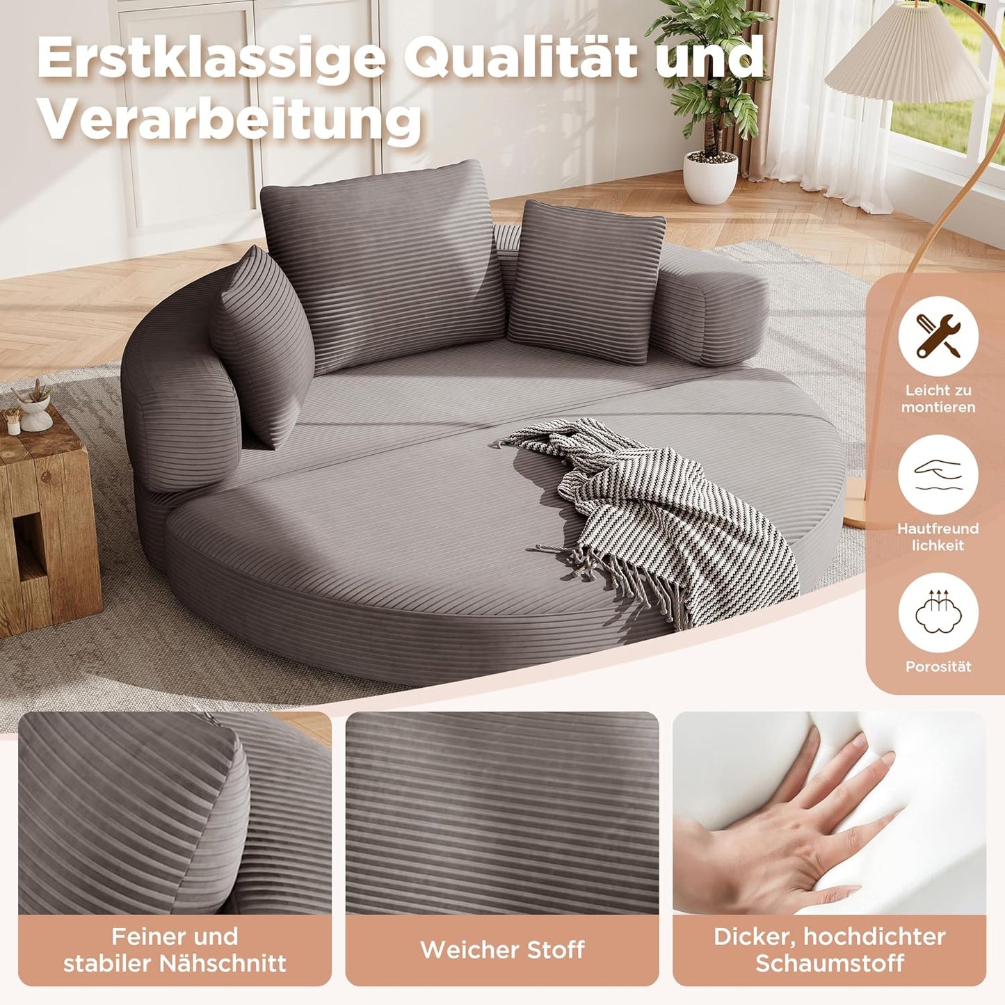 Multifunktionales freistehendes Klappsofabett (Boneless Couch) – Ovales Bett mit Kissen, modulares Sofa, Cordstoff-Bezug (173 x 176 cm), geeignet für Apartments, Wohnzimmer, Schlafzimmer (Braun Grau)