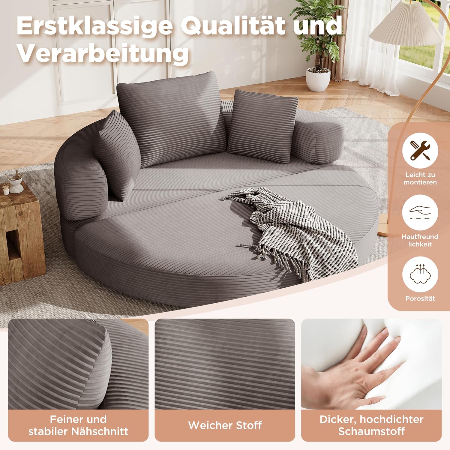 Multifunktionales freistehendes Klappsofabett (Boneless Couch) – Ovales Bett mit Kissen, modulares Sofa, Cordstoff-Bezug (173 x 176 cm), geeignet für Apartments, Wohnzimmer, Schlafzimmer (Braun Grau)