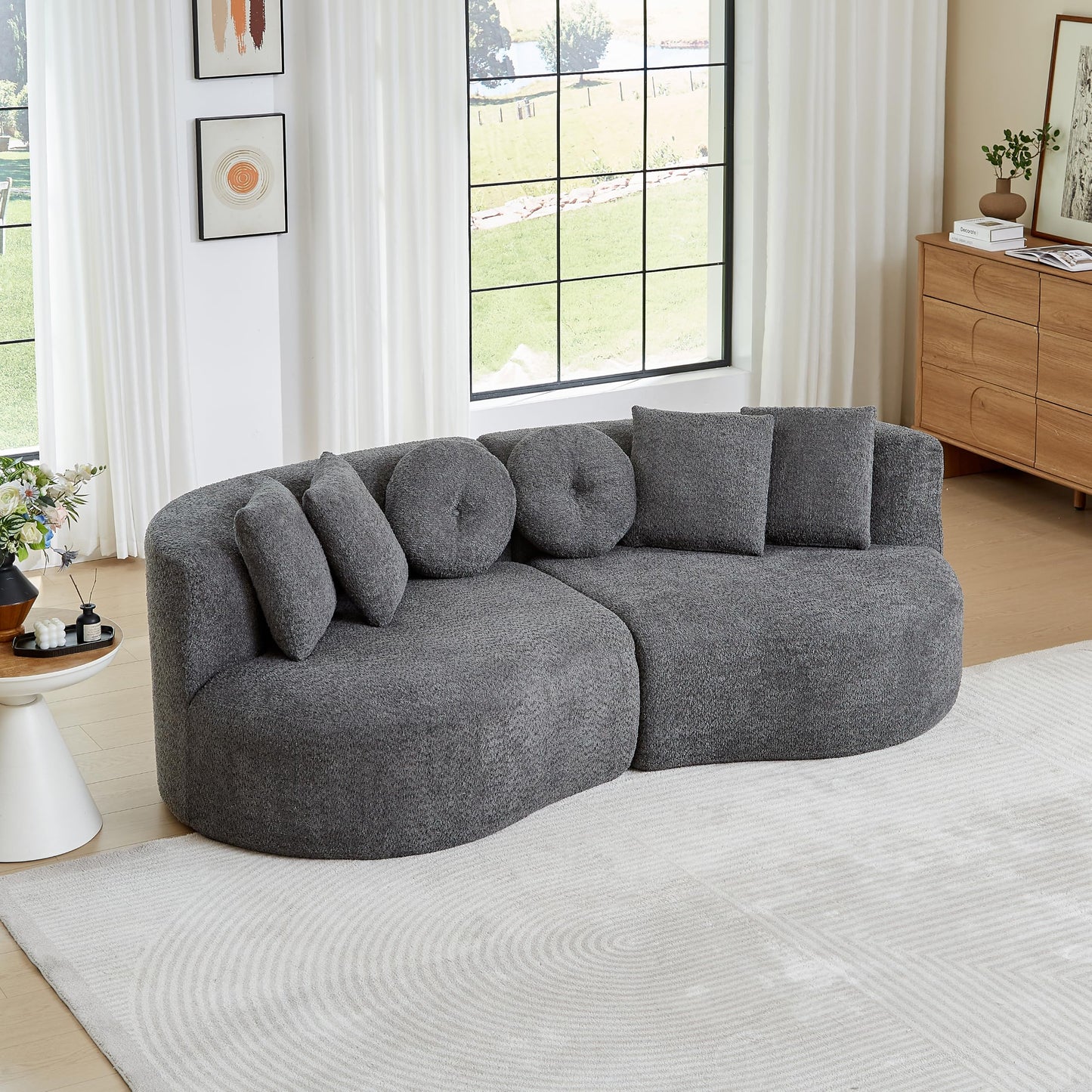 Modulares 3-Sitzer Sofa mit Schlaffunktion, Boneless Couch, aus weichem Chenille, mit 6-teiligem Kissen, gebogenes Design, Keine Montage, Für Wohnzimmer und Schlafzimmer, Beige