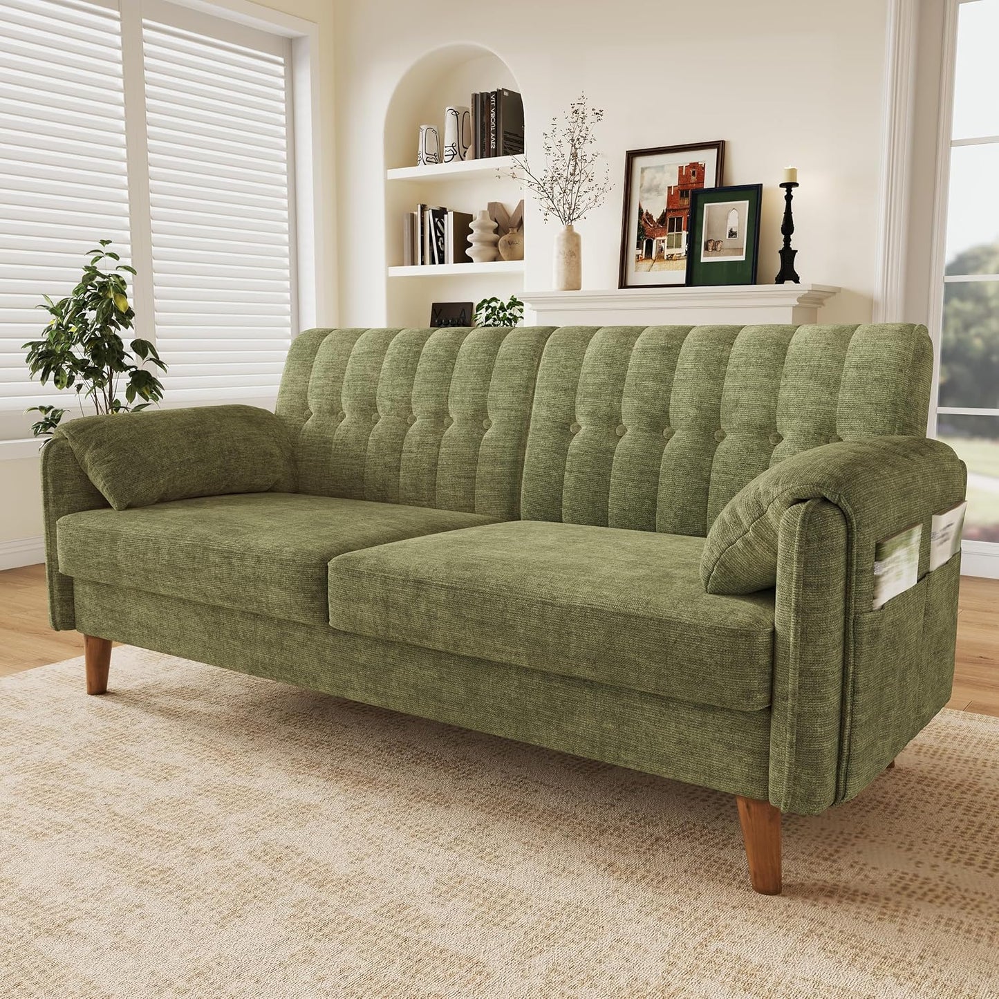 Modernes 2-Sitzer-Sofa aus Chenille mit dickem Sitzpolster, getufteter Rückenlehne, 2 Armlehnenkissen und Seitentaschen; Massivholzbeine, leicht zu montieren, ideal für Wohnung & kleine Räume, Green