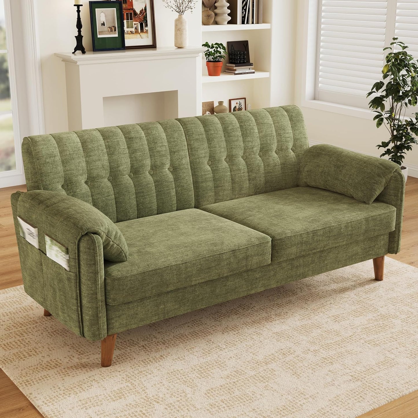 Modernes 2-Sitzer-Sofa aus Chenille mit dickem Sitzpolster, getufteter Rückenlehne, 2 Armlehnenkissen und Seitentaschen; Massivholzbeine, leicht zu montieren, ideal für Wohnung & kleine Räume, Green