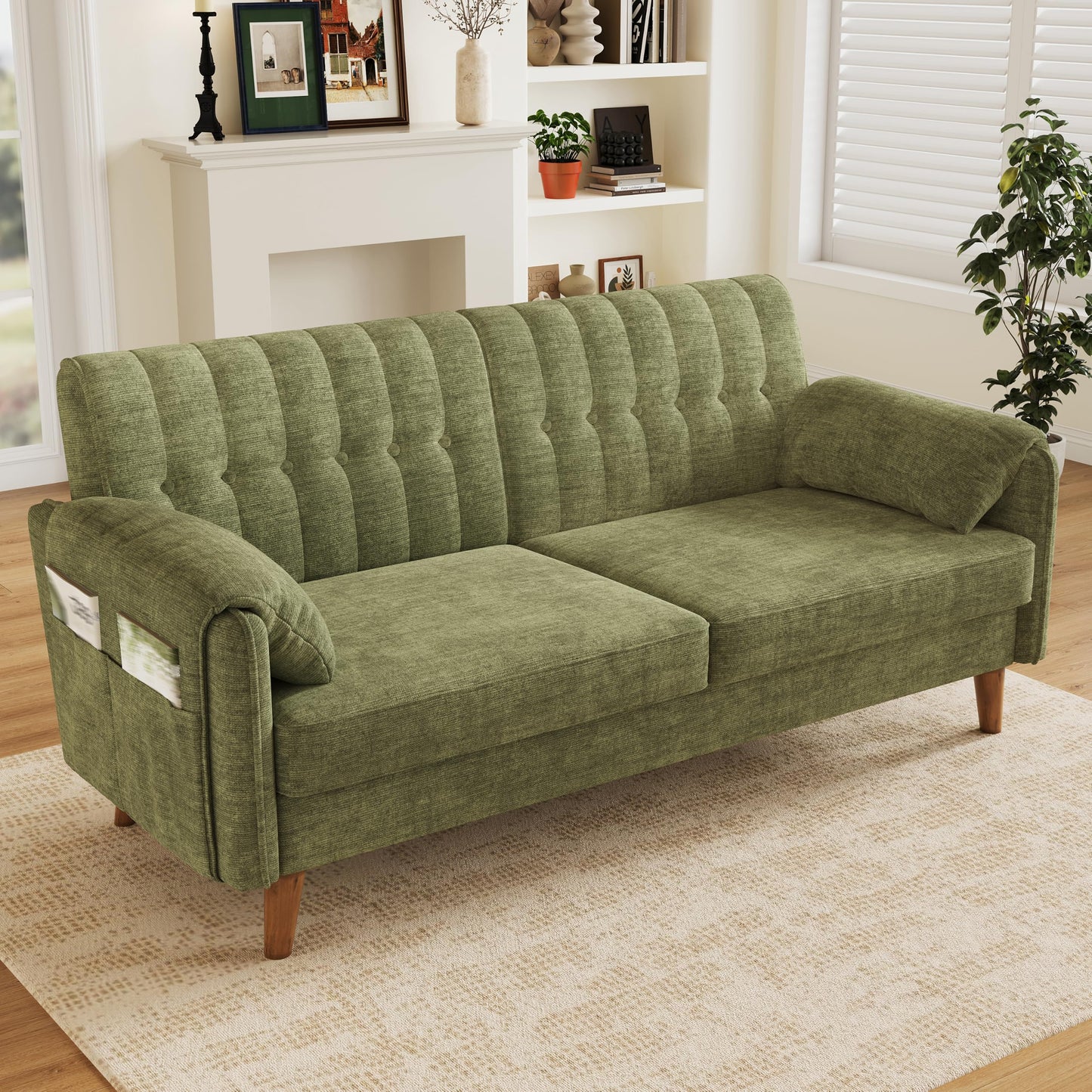 161cm Modernes 2-Sitzer-Sofa aus weichem Chenille, Sofa mit Schlaffunktion | Couch mit 2 Armlehnenkissen und Seitentaschen, Massivholzbeine, leicht zu montieren, ideal für Wohnung & kleine Räume