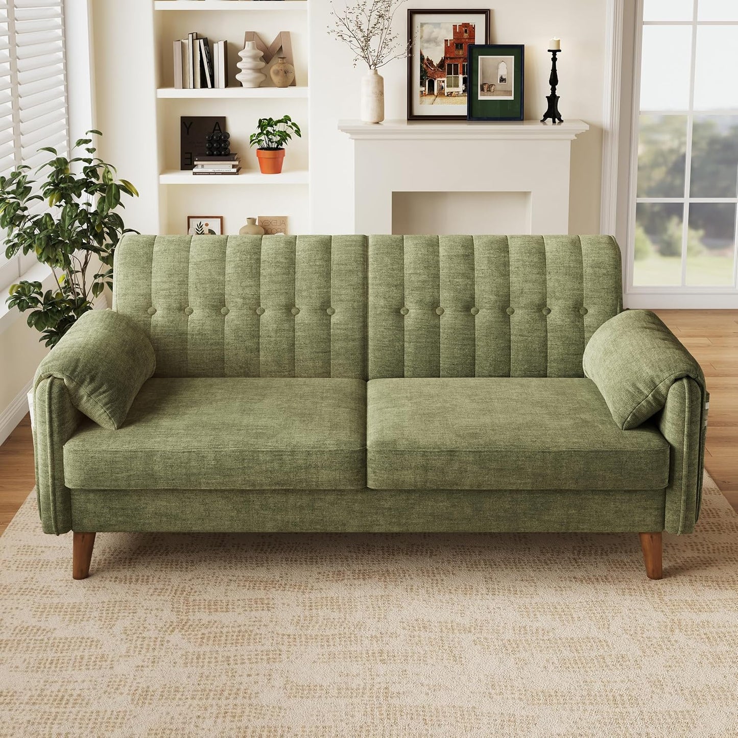Modernes 2-Sitzer-Sofa aus Chenille mit dickem Sitzpolster, getufteter Rückenlehne, 2 Armlehnenkissen und Seitentaschen; Massivholzbeine, leicht zu montieren, ideal für Wohnung & kleine Räume, Green