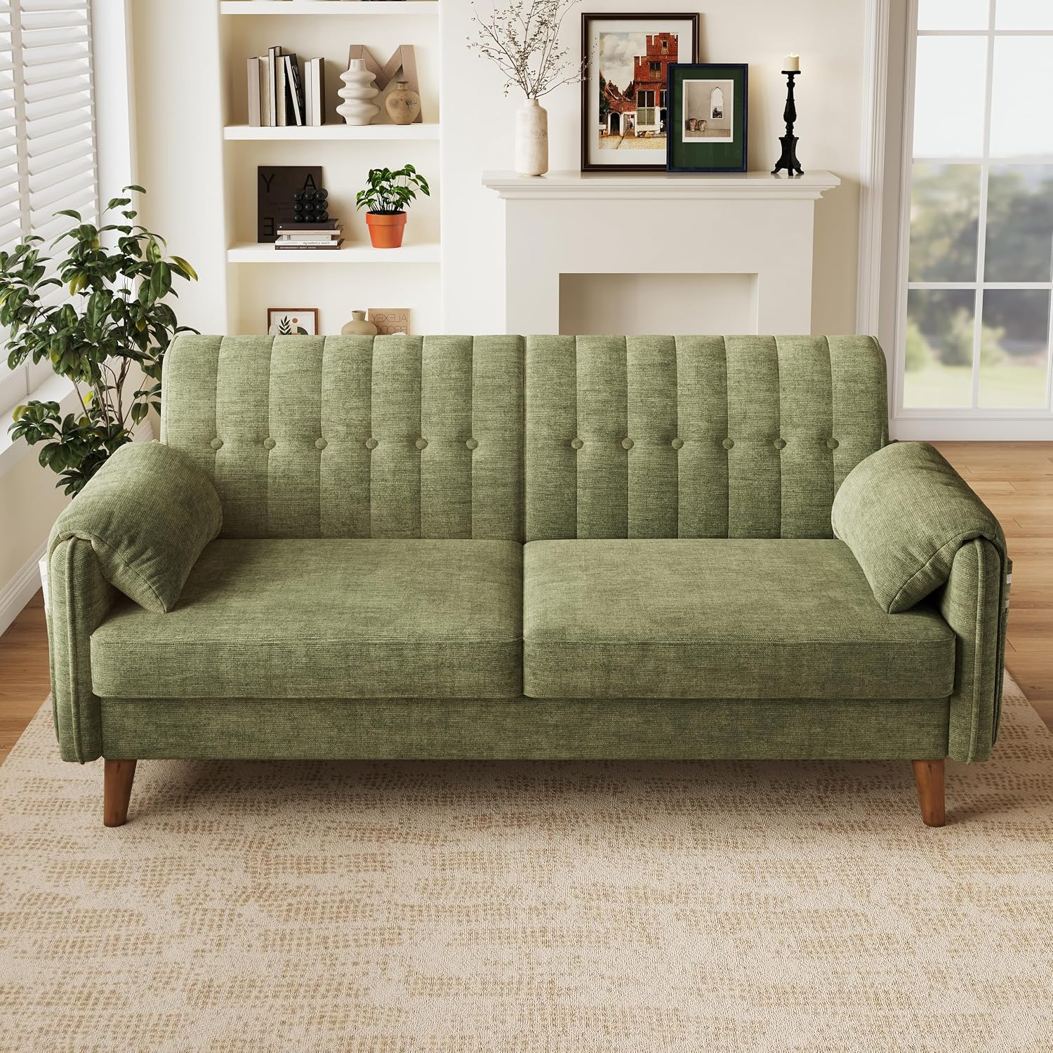 Modernes 2-Sitzer-Sofa aus Chenille mit dickem Sitzpolster, getufteter Rückenlehne, 2 Armlehnenkissen und Seitentaschen; Massivholzbeine, leicht zu montieren, ideal für Wohnung & kleine Räume, Green