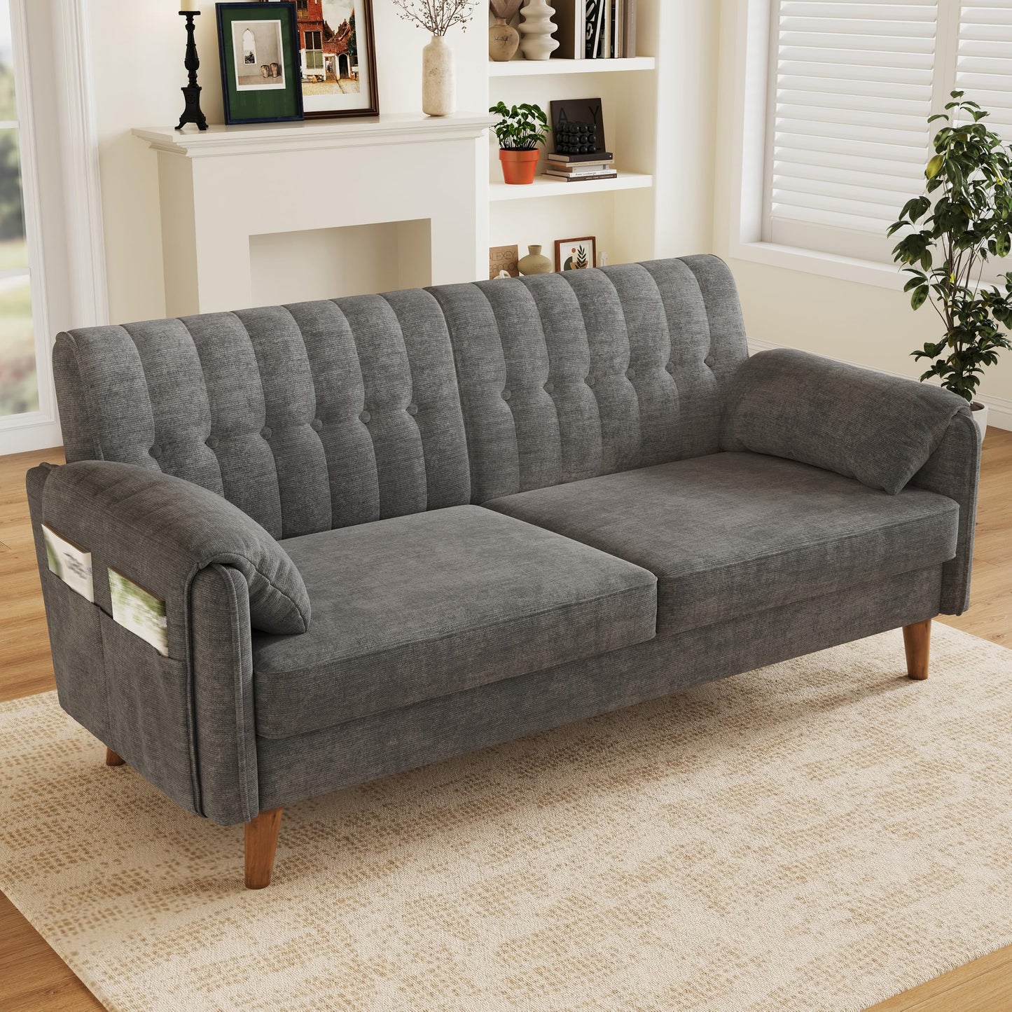 Modernes 2-Sitzer-Sofa aus Chenille mit dickem Sitzpolster, getufteter Rückenlehne, 2 Armlehnenkissen und Seitentaschen; Massivholzbeine, leicht zu montieren, ideal für Wohnung & kleine Räume, Green