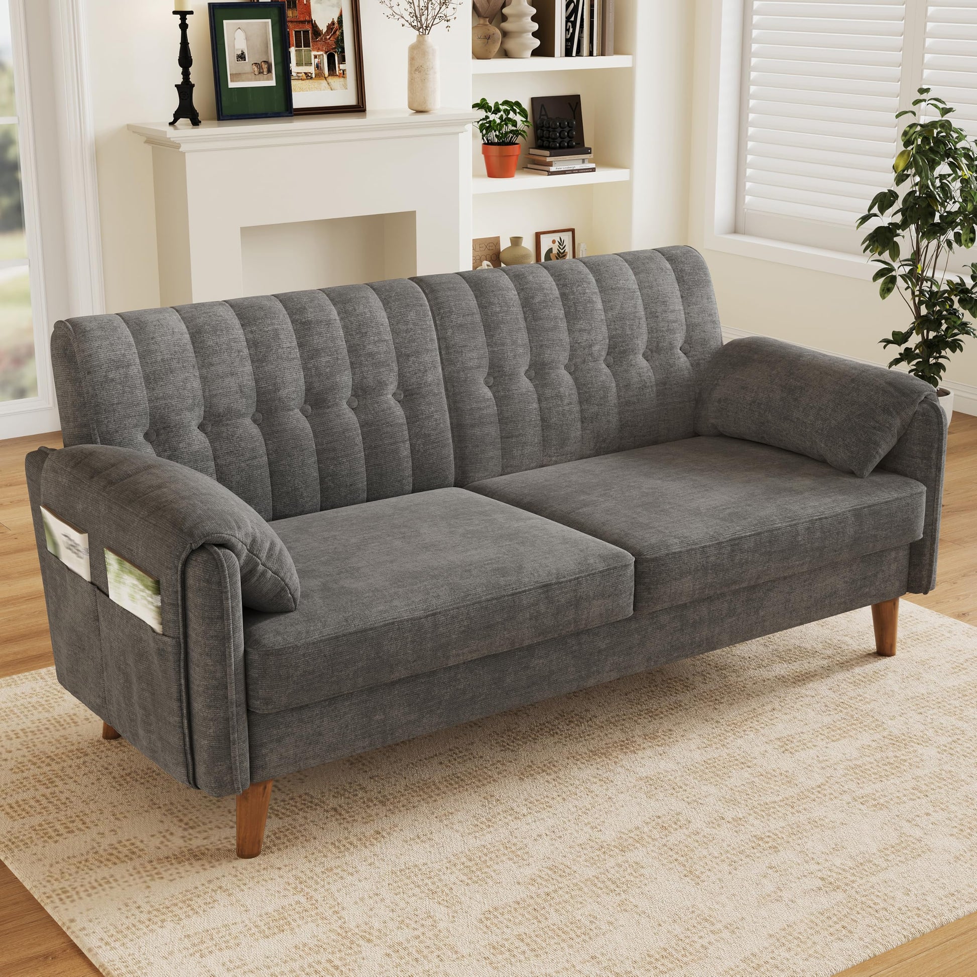 161cm Modernes 2-Sitzer-Sofa aus weichem Chenille, Sofa mit Schlaffunktion | Couch mit 2 Armlehnenkissen und Seitentaschen, Massivholzbeine, leicht zu montieren, ideal für Wohnung & kleine Räume